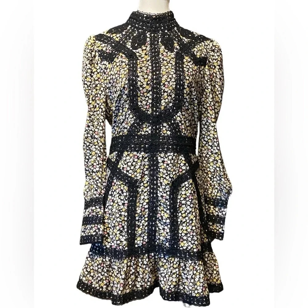 Topshop Black Floral Lace-Trim Mini Dress
